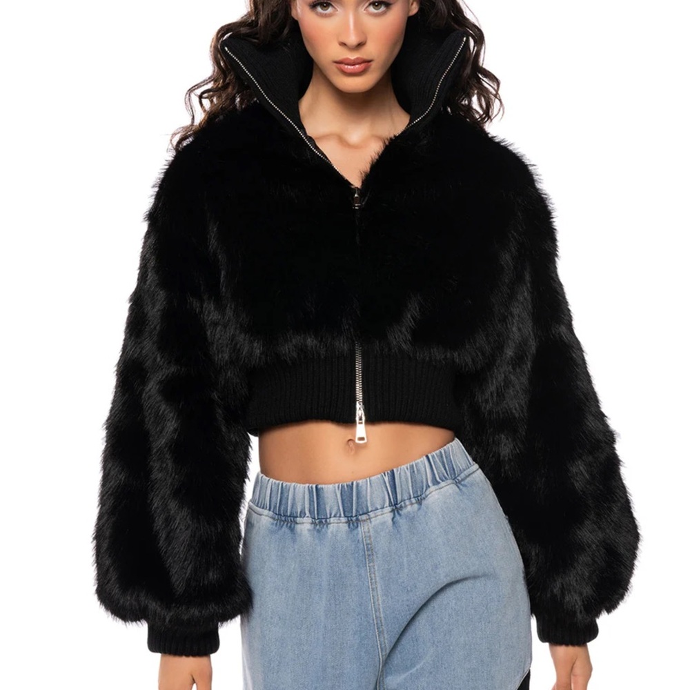 MAJOR ISO - AKIRA Black Love you better faux fur rib trim bomber jacket